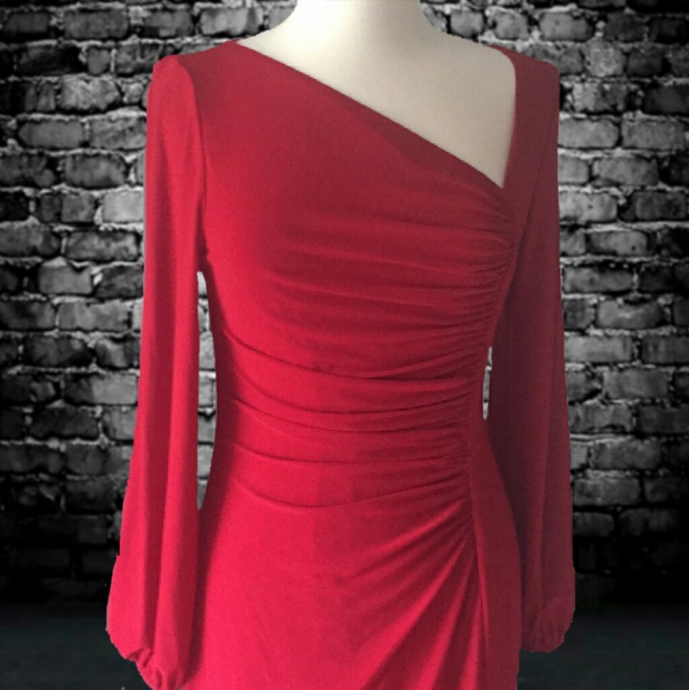CHAPS Med RED STRETCH DRESS OPEN ARM SLIT LONG SLEEVE women asymetrical neckline - Picture 4 of 7